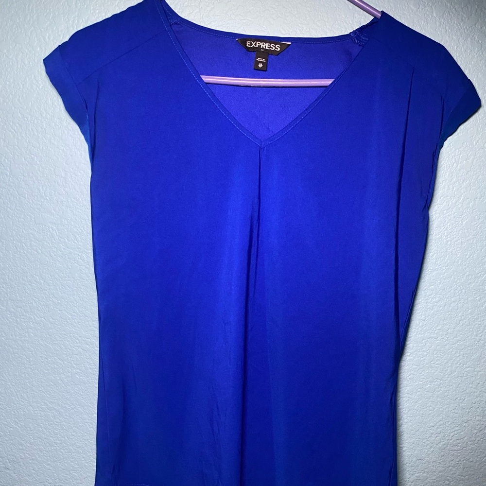 Express Blue Fitted Blouse with Cap Sleeves